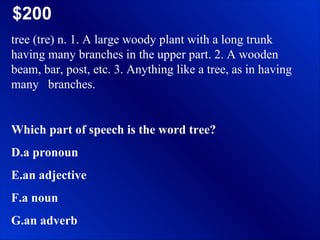 $200 tree (tre) n. 1. A large woody plant with a long trunk having many branches in the upper part. 2. A wooden beam, bar, post, etc. 3. Anything like a tree, as in having many  branches. Which part of speech is the word tree? a pronoun an adjective a noun an adverb 