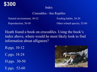 $300 Index Crocodiles - See Reptiles Natural environment, 10-12 Feeding habits, 18-24 Reproduction, 30-50 Other related species, 52-60 Heath found a book on crocodiles. Using the book’s index above, where would he most likely look to find information about alligators? pgs. 10-12 pgs. 18-24 pgs.  30-50 pgs.  52-60 