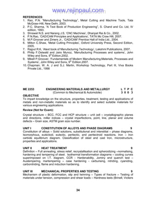 34
REFERENCES:
1. Rao, P.N. “Manufacturing Technology”, Metal Cutting and Machine Tools, Tata
McGraw–Hill, New Delhi, 2003.
2. P.C. Sharma, “A Text Book of Production Engineering”, S. Chand and Co. Ltd, IV
edition, 1993.
3. Shrawat N.S. and Narang J.S, ‘CNC Machines’, Dhanpat Rai & Co., 2002.
4. P.N.Rao, ‘CAD/CAM Principles and Applications’, TATA Mc Craw Hill, 2007.
5. M.P.Groover and Zimers Jr., ‘CAD/CAM’ Prentice Hall of India Ltd., 2004.
6. Milton C.Shaw, ‘Metal Cutting Principles’, Oxford University Press, Second Edition,
2005.
7. Rajput R.K, ‘Atext book of Manufacturing Technology’, Lakshmi Publications, 2007.
8. Philip F.Ostwald and Jairo Munoz, ‘Manufacturing Processes and systems’, John
Wiley and Sons, 9th
Edition,2002.
9. Mikell P.Groover, ‘Fundamentals of Modern Manufacturing,Materials, Processes and
Systems’, John Wiley and Sons, 9th
Edition,2007.
10. Chapman. W. A. J and S.J. Martin, Workshop Technology, Part III, Viva Books
Private Ltd., 1998
ME 2253 ENGINEERING MATERIALS AND METALLURGY L T P C
(Common to Mechanical & Automobile) 3 0 0 3
OBJECTIVE
To impart knowledge on the structure, properties, treatment, testing and applications of
metals and non-metallic materials so as to identify and select suitable materials for
various engineering applications.
Review (Not for Exam):
Crystal structure – BCC, FCC and HCP structure – unit cell – crystallographic planes
and directions, miller indices – crystal imperfections, point, line, planar and volume
defects – Grain size, ASTM grain size number.
UNIT I CONSTITUTION OF ALLOYS AND PHASE DIAGRAMS 9
Constitution of alloys – Solid solutions, substitutional and interstitial – phase diagrams,
Isomorphous, eutectoid, eutectic, peritectic, and peritectroid reactions, Iron – Iron
carbide equilibrium diagram. Classification of steel and cast Iron, microstructure,
properties and applications.
UNIT II HEAT TREATMENT 9
Definition – Full annealing, stress relief, recrystallisation and spheroidizing –normalising,
hardening and tempering of steel. Isothermal transformation diagrams – cooling curves
superimposed on I.T. diagram, CCR - Hardenability, Jominy end quench test –
Austempering, martempering – case hardening - carburising, nitriding, cyaniding,
carbonitriding, flame and induction hardening.
UNIT III MECHANICAL PROPERTIES AND TESTING 9
Mechanism of plastic deformation, slip and twinning – Types of fracture – Testing of
materials under tension, compression and shear loads – Hardness tests (Brinell, Vickers
www.rejinpaul.comwww.rejinpaul.com
 