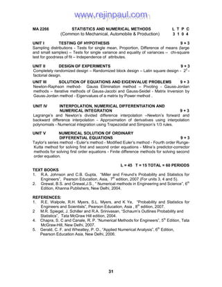 31
MA 2266 STATISTICS AND NUMERICAL METHODS L T P C
(Common to Mechanical, Automobile & Production) 3 1 0 4
UNIT I TESTING OF HYPOTHESIS 9 + 3
Sampling distributions - Tests for single mean, Proportion, Difference of means (large
and small samples) – Tests for single variance and equality of variances – chi-square
test for goodness of fit – Independence of attributes.
UNIT II DESIGN OF EXPERIMENTS 9 + 3
Completely randomized design – Randomized block design – Latin square design - 22
-
factorial design.
UNIT III SOLUTION OF EQUATIONS AND EIGENVALUE PROBLEMS 9 + 3
Newton-Raphson method- Gauss Elimination method – Pivoting - Gauss-Jordan
methods – Iterative methods of Gauss-Jacobi and Gauss-Seidel - Matrix Inversion by
Gauss-Jordan method - Eigenvalues of a matrix by Power method .
UNIT IV INTERPOLATION, NUMERICAL DIFFERENTIATION AND
NUMERICAL INTEGRATION 9 + 3
Lagrange’s and Newton’s divided difference interpolation –Newton’s forward and
backward difference interpolation - Approximation of derivatives using interpolation
polynomials - Numerical integration using Trapezoidal and Simpson’s 1/3 rules.
UNIT V NUMERICAL SOLUTION OF ORDINARY
DIFFERENTIAL EQUATIONS 9 + 3
Taylor’s series method - Euler’s method - Modified Euler’s method - Fourth order Runge-
Kutta method for solving first and second order equations - Milne’s predictor-corrector
methods for solving first order equations - Finite difference methods for solving second
order equation.
L = 45 T = 15 TOTAL = 60 PERIODS
TEXT BOOKS
1. R.A. Johnson and C.B. Gupta, “Miller and Freund’s Probability and Statistics for
Engineers”, Pearson Education, Asia, 7th
edition, 2007 (For units 3, 4 and 5).
2. Grewal, B.S. and Grewal,J.S., “ Numerical methods in Engineering and Science”, 6th
Edition, Khanna Publishers, New Delhi, 2004.
REFERENCES:
1. R.E. Walpole, R.H. Myers, S.L. Myers, and K Ye, “Probability and Statistics for
Engineers and Scientists”, Pearson Education, Asia , 8th
edition, 2007.
2 M.R. Spiegel, J. Schiller and R.A. Srinivasan, “Schaum’s Outlines Probability and
Statistics”, Tata McGraw Hill edition, 2004.
4. Chapra, S. C and Canale, R. P. “Numerical Methods for Engineers”, 5th
Edition, Tata
McGraw-Hill, New Delhi, 2007.
5. Gerald, C. F. and Wheatley, P. O., “Applied Numerical Analysis”, 6th
Edition,
Pearson Education Asia, New Delhi, 2006.
www.rejinpaul.comwww.rejinpaul.com
 