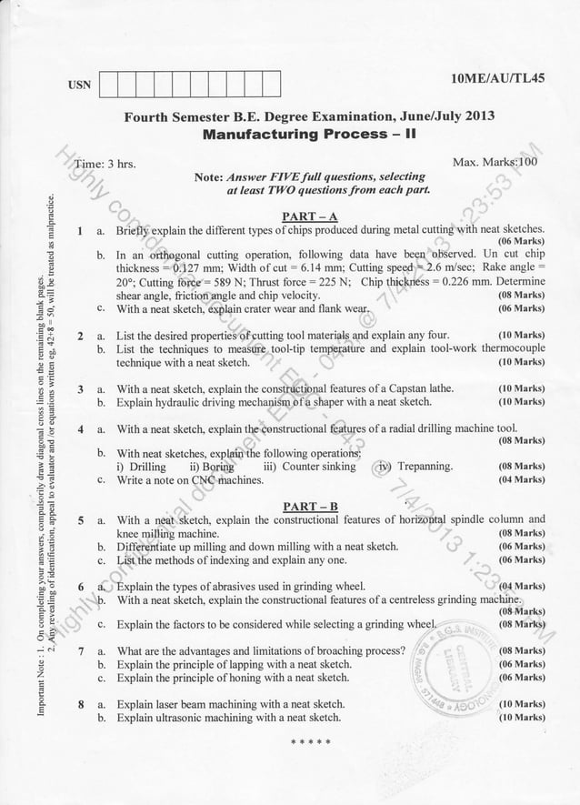 4th Semester Mechanical Engineering (2013June) Question Papers PDF