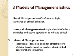 3 Models of Management Ethics3 Models of Management Ethics
1. Moral Management—Conforms to high
standards of ethical behavior.
2. Immoral Management—A style devoid of ethical
principles and active opposition to what is ethical.
3. Amoral Management—
◦ Intentional - does not consider ethical factors
◦ Unintentional - casual or careless about ethical
considerations in business
6
 