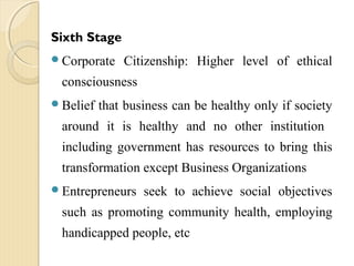 Sixth Stage
Corporate Citizenship: Higher level of ethical
consciousness
Belief that business can be healthy only if society
around it is healthy and no other institution
including government has resources to bring this
transformation except Business Organizations
Entrepreneurs seek to achieve social objectives
such as promoting community health, employing
handicapped people, etc
 