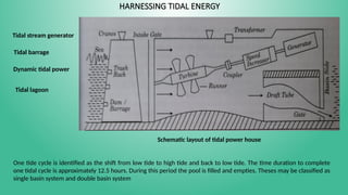 HARNESSING TIDAL ENERGY
Tidal stream generator
Tidal barrage
Dynamic tidal power
Tidal lagoon
Schematic layout of tidal power house
One tide cycle is identified as the shift from low tide to high tide and back to low tide. The time duration to complete
one tidal cycle is approximately 12.5 hours. During this period the pool is filled and empties. Theses may be classified as
single basin system and double basin system
 