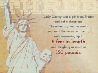 Lady Liberty was a gift from France
(and not a cheap one).
The seven rays on her crown
represent the seven continents,
each measuring up to
9 feet in length
and weighing as much as
150 pounds.
 