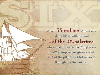About 35 million Americans
share DNA with at least
1 of the 102 pilgrims
who arrived aboard the Mayflower
in 1620. Impressive, given about
half of the pilgrims didn’t make it
through the first winter.
 