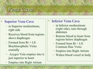 Vena Cava

• Superior Vena Cava              • Inferior Vena Cava
  – in Superior mediastinum,        – in Inferior mediastinum
    right side                        (right side), runs through
                                      abdomen
  – Receives blood from regions
                                    – Returns blood to heart from
    above diaphragm                   regions below diaphragm
  – Formed from Rt + Lft            – Formed from Rt + Lft
    Brachiocephalic Veins             Common Iliac Veins
    cranially                       – Empties into Right Atrium
  – Azygos Vein empties into it     – Widest blood vessel in body
    just superior to heart
  – Empties into Right Atrium
 