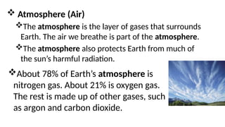  Atmosphere (Air)
The atmosphere is the layer of gases that surrounds
Earth. The air we breathe is part of the atmosphere.
The atmosphere also protects Earth from much of
the sun’s harmful radiation.
About 78% of Earth’s atmosphere is
nitrogen gas. About 21% is oxygen gas.
The rest is made up of other gases, such
as argon and carbon dioxide.
 