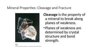 Mineral Properties: Cleavage and Fracture
Cleavage is the property of
a mineral to break along
planes of weakness.
•Planes of weakness are
determined by crystal
structure and bond
strength.
 