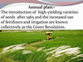 Annual plan:- 
The introduction of high-yielding varieties 
of seeds after 1965 and the increased use 
of fertilizers and irrigation are known 
collectively as the Green Revolution. 
 