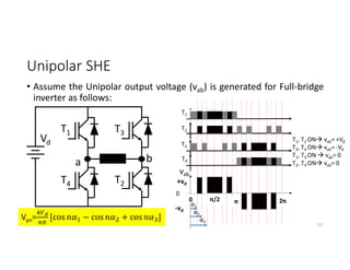 Unipolar SHE
• Assume the Unipolar output voltage (vab) is generated for Full-bridge
inverter as follows:
121
Vd
b
T3
T2
a
T1
T4
T1, T2 ON vab= +Vd
T3, T4 ON vab= -Vd
T1, T3 ON  vab= 0
T2, T4 ON vab= 0
T1
T2
T3
T4
2π
π
0 π/2
α1
α2
α3
vab
Vpn= [cos − cos + cos ]
+vd
-vd
0
 