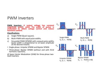 PWM Inverters
PWM Inverters: it output voltage has constant
magnitude pulses, while The width of pulses is
modulated to obtain voltage control and reduce
harmonic content.
Classifications:
a) Single-PWM (Quazi-square).
b) Multi-PWM with equal pulse widths.
c) Sinusoidal PWM (SPWM) with unequal pulse widths
(pulse width is proportional to sin-wave amplitude
at the desired instant).
• Single-phase: Unipolar SPWM and Bipolar SPWM.
• Three-phase: Bipolar SPWM (without and with third
harmonic injection).
d) Space Vector Modulation (SVM) for three-phase two-
level inverters.
126
Single-PWM
Vo: 0, +, - (FB)
Multi-PWM
Vo: 0, +, - (FB)
Unipolar SPWM
Vo: 0, +, - (FB)
Bipolar SPWM
Vo: +, - (FB or HB)
vo vo
vo vo
 