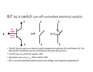 BJT as a switch (on-off controlled electrical switch)
• The BJT can be used as an electric switch between the collector (C) and Emitter (E). The
ON and OFF conditions can be controlled via the base (B) current iB
• Cut-off case, at iB=0 the switch is OFF
• Saturation case, at iB= iB satthe switch is ON
• BJT is current-controlled switch (used in low voltage, low frequency applications)
C
E
B
C
E
C
E
iB
iB=0 iB= iB sat
Control
current
 