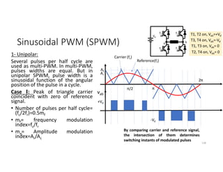 Sinusoidal PWM (SPWM)
1- Unipolar:
Several pulses per half cycle are
used as multi-PWM. In multi-PWM,
pulses widths are equal. But in
unipolar SPWM, pulse width is a
sinusoidal function of the angular
position of the pulse in a cycle.
Case I: Peak of triangle carrier
coincident with zero of reference
signal.
• Number of pulses per half cycle=
(fc/2fr)=0.5mf
• mf= frequency modulation
index=fc/fr
• ma= Amplitude modulation
index=Ar/Ac
138
Carrier (fc)
Reference(fr)
2π
π
π/2
AC
Ar
vab
+Vd
-Vd
By comparing carrier and reference signal,
the intersection of them determines
switching instants of modulated pulses
Vd
b
T3
T2
a
T1
T4
T1, T2 on, Vab=+Vd
T3, T4 on, Vab=-Vd
T1, T3 on, Vab= 0
T2, T4 on, Vab= 0
 