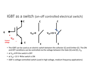 IGBT as a switch (on-off controlled electrical switch)
• The IGBT can be used as an electric switch between the collector (C) and Emitter (E). The ON
and OFF conditions can be controlled via the voltage between the Gate (G) and (E), VGE
• at VGE=0 the switch is OFF
• at VGE= 15 V the switch is ON
• IGBT is voltage-controlled switch (used in high voltage, medium frequency applications)
C C
E
C
E
VGE=0 VGE=15 V
E
G
+
VGE
----------
Control
voltage
 