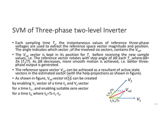 SVM of Three-phase two-level Inverter
• Each sampling time Ts, the instantaneous values of reference three-phase
voltages are used to extract the reference space vector magnitude and position.
The angle indicates which sector ,of the involved six sectors, contains the Vref.
• The Vref vector is kept in its position for Ts before receiving the new sample
values, i.e. The reference vector rotates with step angle of Δθ each Ts ,whereΔθ=
2π (Ts/T). As Δθ decreases, more smooth motion is achieved, i.e. better three-
phase output is generated.
• The reference space vector Vref can be achieved as a resultant of active state
vectors in the estimated sector (with the help projections as shown in figure).
• As shown in figure, Vref vector inS1 can be created
by enabling V1 vector of a time t1 and V2 vector
for a time t2 , and enabling suitable zero vector
for a time t0, where t0=Ts-t1-t2.
181
V1
V2
Vref
t1V1/Ts
 