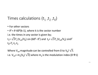 Times calculations (t1 ,t2 ,t0)
• For other sectors
• ’= -600(k-1), where k is the sector number
i.e. the times in any sector is given by;
t1= 3Ts (Vref/Vd) sin (600- ′) and t2= 3Ts (Vref/Vd) sin ′
t0=Ts-t1-t2
Where Vref magnitude can be controlled from 0 to Vd/ 3.
i.e. Vref= ma(Vd/ 3) where ma is the modulation index (01)
191
 