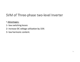 SVM of Three-phase two-level Inverter
• Advantages:
1- low switching losses
2- increase DC voltage utilization by 15%
3- low harmonic content.
193
 