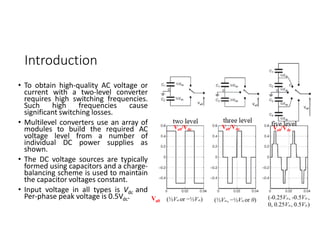 Introduction
• To obtain high-quality AC voltage or
current with a two-level converter
requires high switching frequencies.
Such high frequencies cause
significant switching losses.
• Multilevel converters use an array of
modules to build the required AC
voltage level from a number of
individual DC power supplies as
shown.
• The DC voltage sources are typically
formed using capacitors and a charge-
balancing scheme is used to maintain
the capacitor voltages constant.
• Input voltage in all types is Vdc and
Per-phase peak voltage is 0.5Vdc. (½Vdc or −½Vdc) (½Vdc, −½Vdc or 0) (-0.25Vdc, -0.5Vdc ,
0, 0.25Vdc, 0.5Vdc)
Va0/Vdc Va0/Vdc Va0/Vdc
Va0
 