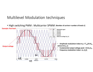Multilevel Modulation techniques
• High switching PWM : Multicarrier SPWM (Number of carriers= number of levels-1)
Example: Five-level
1/fc
1/fr
Output voltage
Modulated signal
Carrier1
Carrier2
Carrier3
Carrier4
Reference voltage (ma=1)
• Amplitude modulation index=ma= V*
a0/0.5Vdc
where 0<ma <1
• Fundamental output voltage peak = 0.5maVdc
• Frequency modulation index= mf =fc/fr
Ref.
 
