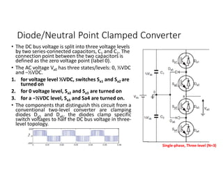 Diode/Neutral Point Clamped Converter
• The DC bus voltage is split into three voltage levels
by two series-connected capacitors, C1 and C2. The
connection point between the two capacitors is
defined as the zero voltage point (label 0).
• The AC voltage Va0 has three states/levels: 0, ½VDC
and −½VDC.
1. for voltage level ½VDC, switches Sa1 and Sa2 are
turned on
2. for 0 voltage level, Sa2 and Sa3 are turned on
3. for a −½VDC level, Sa3 and Sa4 are turned on.
• The components that distinguish this circuit from a
conventional two-level converter are clamping
diodes Da5 and Da6. the diodes clamp specific
switch voltages to half the DC bus voltage in three-
level topology.
Single-phase, Three-level (N=3)
 