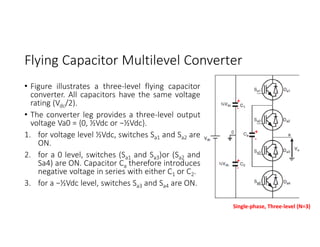 Flying Capacitor Multilevel Converter
• Figure illustrates a three-level flying capacitor
converter. All capacitors have the same voltage
rating (Vdc/2).
• The converter leg provides a three-level output
voltage Va0 = {0, ½Vdc or −½Vdc}.
1. for voltage level ½Vdc, switches Sa1 and Sa2 are
ON.
2. for a 0 level, switches (Sa1 and Sa3)or (Sa2 and
Sa4) are ON. Capacitor Ca therefore introduces
negative voltage in series with either C1 or C2.
3. for a −½Vdc level, switches Sa3 and Sa4 are ON.
Single-phase, Three-level (N=3)
+
-
+
-
+
-
 