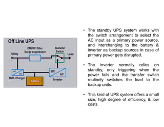 • The standby UPS system works with
the switch arrangement to select the
AC input as a primary power source,
and interchanging to the battery &
inverter as backup sources in case of
primary power gets disrupted.
• The inverter normally relies on
standby, only triggering when the
power fails and the transfer switch
routinely switches the load to the
backup units.
• This kind of UPS system offers a small
size, high degree of efficiency, & low
costs.
 