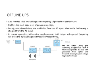 OFFLINE UPS
• Also referred to as VFD Voltage and Frequency Dependent or Standby UPS.
• It offers the most basic level of power protection.
• During normal conditions, the load is fed from the AC input. Meanwhile the battery is
charged from the AC input.
• In normal operation, with mains supply present, both output voltage and frequency
will track the input voltage and frequency respectively.
the UPS output ,during grid
availability, is supplied via a built-in
filter which provides the load with
protection from spikes and
transients by clamping peak voltage
to pre-defined levels.
 