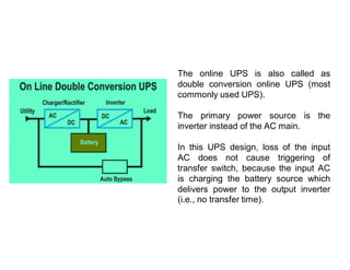 The online UPS is also called as
double conversion online UPS (most
commonly used UPS).
The primary power source is the
inverter instead of the AC main.
In this UPS design, loss of the input
AC does not cause triggering of
transfer switch, because the input AC
is charging the battery source which
delivers power to the output inverter
(i.e., no transfer time).
 