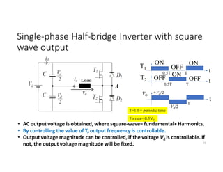 Single-phase Half-bridge Inverter with square
wave output
T1
T2
ON
OFF
ON
ON
OFF OFF
vo
+Vd/2
-Vd/2
t
t
t
0.5T T
0.5T T
T
• AC output voltage is obtained, where square-wave= fundamental+ Harmonics.
• By controlling the value of T, output frequency is controllable.
• Output voltage magnitude can be controlled, if the voltage Vd is controllable. If
not, the output voltage magnitude will be fixed.
T=1/f = periodic time
Vo rms= 0.5Vd
28
 