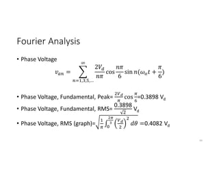 Fourier Analysis
• Phase Voltage
=
2
, , ,…
cos
6
sin ( +
6
)
• Phase Voltage, Fundamental, Peak= cos =0.3898 Vd
• Phase Voltage, Fundamental, RMS=
0.3898
Vd
• Phase Voltage, RMS (graph)= ∫ =0.4082 Vd
64
 