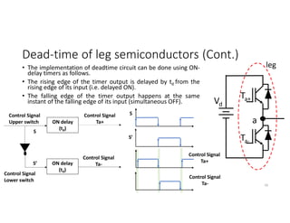 Dead-time of leg semiconductors (Cont.)
• The implementation of deadtime circuit can be done using ON-
delay timers as follows.
• The rising edge of the timer output is delayed by td from the
rising edge of its input (i.e. delayed ON).
• The falling edge of the timer output happens at the same
instant of the falling edge of its input (simultaneous OFF).
70
Vd
a
Ta+
Ta-
leg
Control Signal
Upper switch
Control Signal
Lower switch
S
S’
ON delay
(td)
ON delay
(td)
Control Signal
Ta+
Control Signal
Ta-
S
S’
Control Signal
Ta+
Control Signal
Ta-
 