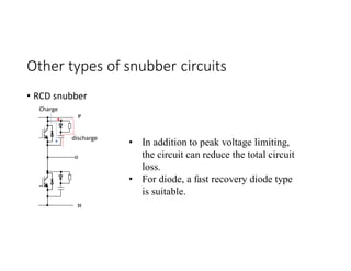 Other types of snubber circuits
• RCD snubber
• In addition to peak voltage limiting,
the circuit can reduce the total circuit
loss.
• For diode, a fast recovery diode type
is suitable.
Charge
discharge
 