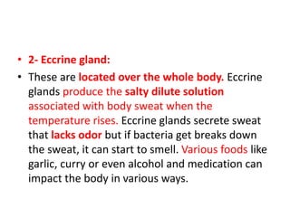 • 2- Eccrine gland:
• These are located over the whole body. Eccrine
glands produce the salty dilute solution
associated with body sweat when the
temperature rises. Eccrine glands secrete sweat
that lacks odor but if bacteria get breaks down
the sweat, it can start to smell. Various foods like
garlic, curry or even alcohol and medication can
impact the body in various ways.
 
