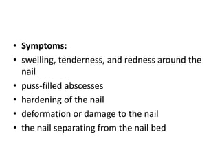 • Symptoms:
• swelling, tenderness, and redness around the
nail
• puss-filled abscesses
• hardening of the nail
• deformation or damage to the nail
• the nail separating from the nail bed
 