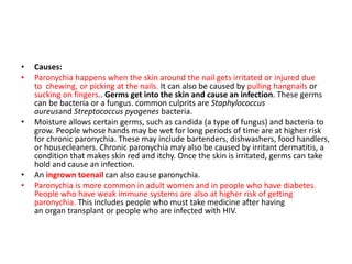 • Causes:
• Paronychia happens when the skin around the nail gets irritated or injured due
to chewing, or picking at the nails. It can also be caused by pulling hangnails or
sucking on fingers.. Germs get into the skin and cause an infection. These germs
can be bacteria or a fungus. common culprits are Staphylococcus
aureusand Streptococcus pyogenes bacteria.
• Moisture allows certain germs, such as candida (a type of fungus) and bacteria to
grow. People whose hands may be wet for long periods of time are at higher risk
for chronic paronychia. These may include bartenders, dishwashers, food handlers,
or housecleaners. Chronic paronychia may also be caused by irritant dermatitis, a
condition that makes skin red and itchy. Once the skin is irritated, germs can take
hold and cause an infection.
• An ingrown toenail can also cause paronychia.
• Paronychia is more common in adult women and in people who have diabetes.
People who have weak immune systems are also at higher risk of getting
paronychia. This includes people who must take medicine after having
an organ transplant or people who are infected with HIV.
 