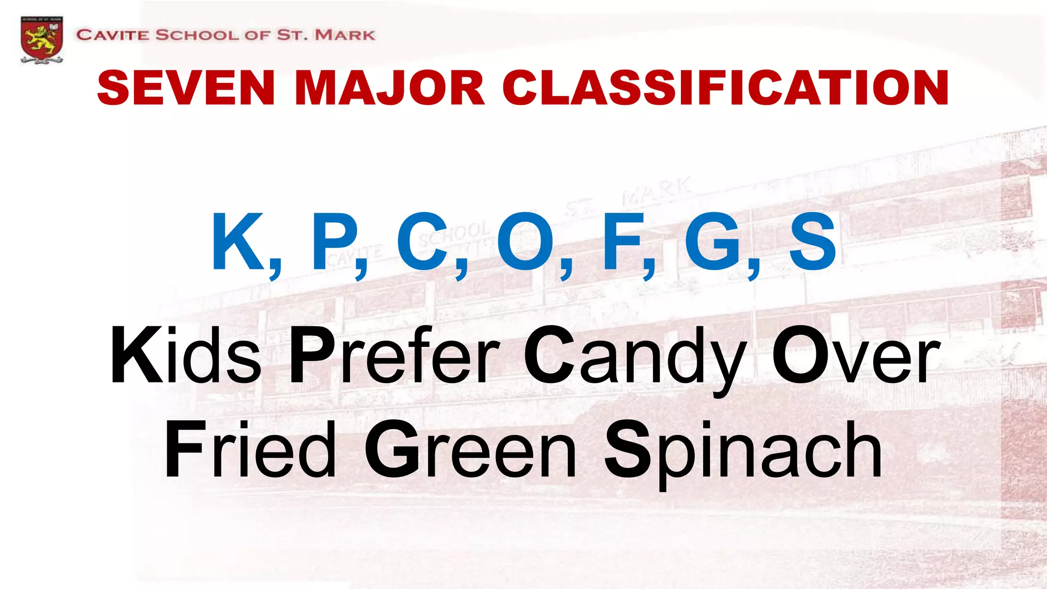 SEVEN MAJOR CLASSIFICATION
K, P, C, O, F, G, S
Kids Prefer Candy Over
Fried Green Spinach
 