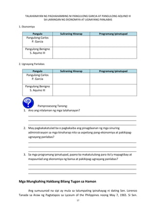TALAHANAYAN NG PAGHAHAMBING NI PANGULONG GARCIA AT PANGULONG AQUINO III
SA LARANGAN NG EKONOMIYA AT UGNAYANG PANLABAS
1. Ekonomiya
Pangulo

Suliraning Hinarap

Programang Ipinatupad

Suliraning Hinarap

Programang Ipinatupad

Pangulong Carlos
P. Garcia
Pangulong Benigno
S. Aquino III

2. Ugnayang Panlabas
Pangulo

Pangulong Carlos
P. Garcia
Pangulong Benigno
S. Aquino III

Pamprosesong Tanong:
1. Ano ang nilalaman ng mga talahanayan?
_____________________________________________________________________
_____________________________________________________________________
_____________________________________________________________________
2. May pagkakakatulad ba o pagkakaiba ang pinagdaanan ng mga sinuring
administrasyon sa mga kinaharap nito sa aspetong pang-ekonomiya at pakikipagugnayang panlabas?
_____________________________________________________________________
_____________________________________________________________________
_____________________________________________________________________
3. Sa mga programang ipinatupad, paano ka makatutulong para ito’y mapagtibay at
mapaunlad ang ekonomiya ng bansa at pakikipag-ugnayang panlabas?
_____________________________________________________________________
_____________________________________________________________________
_____________________________________________________________________

Mga Mungkahing Hakbang Bilang Tugon sa Hamon
Ang sumusunod na sipi ay mula sa talumpating ipinahayag ni dating Sen. Lorenzo
Tanada sa Araw ng Pagtatapos sa Lyceum of the Philippines noong May 7, 1965. Si Sen.
17

 