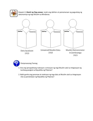 Gawain 4: Damit ng Pag-unawa. Isulat ang dahilan at pamamaraan ng pagsulong ng
awtonomiya ng mga Muslim sa Mindanao.

Pamprosesong Tanong
1. Ano ang ipinapakitang reaksiyon o emosyon ng mga Muslim ukol sa integrasyon ng
kanilang pangkat sa Republika ng Pilipinas?
2. Bakit ganito ang pananaw at reaksiyon ng mga datu at Muslim ukol sa integrasyon
nila sa pamahalaan ng Republika ng Pilipinas?

 
