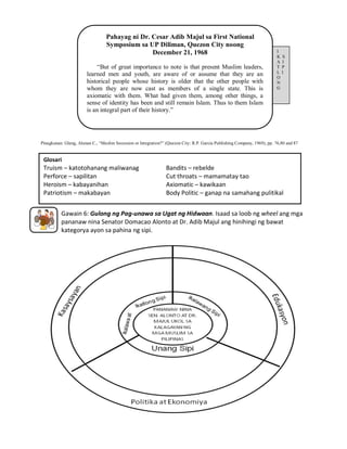 Pahayag ni Dr. Cesar Adib Majul sa First National
Symposium sa UP Diliman, Quezon City noong
December 21, 1968
“But of great importance to note is that present Muslim leaders,
learned men and youth, are aware of or assume that they are an
historical people whose history is older that the other people with
whom they are now cast as members of a single state. This is
axiomatic with them. What had given them, among other things, a
sense of identity has been and still remain Islam. Thus to them Islam
is an integral part of their history.”

I
K
A
T
L
O
N
G

S
I
P
I

Pinagkunan: Glang, Alunan C., “Muslim Secession or Integration?” (Quezon City: R.P. Garcia Publishing Company, 1969), pp. 76,80 and 87

Glosari

Truism – katotohanang maliwanag
Perforce – sapilitan
Heroism – kabayanihan
Patriotism – makabayan

Bandits – rebelde
Cut throats – mamamatay tao
Axiomatic – kawikaan
Body Politic – ganap na samahang pulitikal

Gawain 6: Gulong ng Pag-unawa sa Ugat ng Hidwaan. Isaad sa loob ng wheel ang mga
pananaw nina Senator Domacao Alonto at Dr. Adib Majul ang hinihingi ng bawat
kategorya ayon sa pahina ng sipi.

 
