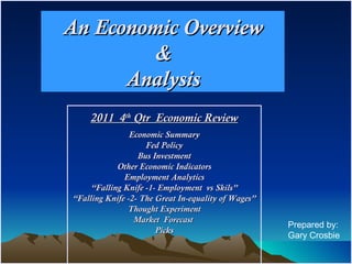 An Economic Overview
        &
      Analysis
    2011 4th Qtr Economic Review
                Economic Summary
                    Fed Policy
                  Bus Investment
            Other Economic Indicators
              Employment Analytics
     “Falling Knife -1- Employment vs Skils”
“Falling Knife -2- The Great In-equality of Wages”
               Thought Experiment
                 Market Forecast
                                                     Prepared by:
                       Picks
                                                     Gary Crosbie
 