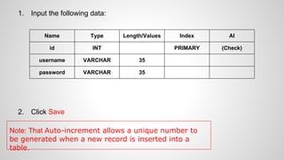 1.

Input the following data:
Name
id

INT

username

VARCHAR

35

password

2.

Type

Length/Values

VARCHAR

Index

AI

PRIMARY

(Check)

35

Click Save

Note: That Auto-increment allows a unique number to
be generated when a new record is inserted into a
table.

 