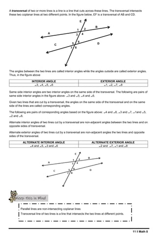 11 ǁ Math 8
A
E
B
C D
1 2
3 4
5
6
7 8
A transversal of two or more lines is a line is a line that cuts across these lines. The transversal intersects
these two coplanar lines at two different points. In the figure below, EF is a transversal of AB and CD.
The angles between the two lines are called interior angles while the angles outside are called exterior angles.
Thus, in the figure above
INTERIOR ANGLE EXTERIOR ANGLE
⦟3, ⦟4, ⦟5, ⦟6 ⦟1, ⦟2, ⦟7, ⦟8
Same side interior angles are two interior angles on the same side of the transversal. The following are pairs of
same side interior angles in the figure above: ⦟3 and ⦟5; ⦟4 and ⦟6.
Given two lines that are cut by a transversal, the angles on the same side of the transversal and on the same
side of the lines are called corresponding angles.
The following are pairs of corresponding angles based on the figure above: ⦟4 and ⦟8, ⦟3 and ⦟7, ⦟1and ⦟5,
⦟2 and ⦟6.
Alternate interior angles of two lines cut by a transversal are non-adjacent angles between the two lines and on
opposite sides of transversal.
Alternate exterior angles of two lines cut by a transversal are non-adjacent angles the two lines and opposite
sides of the transversal.
ALTERNATE INTERIOR ANGLE ALTERNATE EXTERIOR ANGLE
⦟4 and ⦟5, ⦟3 and ⦟6 ⦟2 and ⦟7, ⦟1 and ⦟8
Keep this in Mind
Parallel lines are non-intersecting coplanar lines
Transversal line of two lines is a line that intersects the two lines at different points.
 