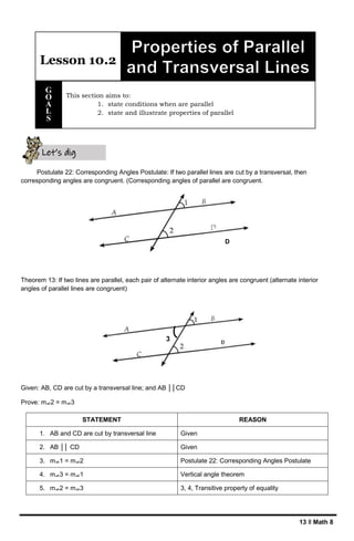 13 ǁ Math 8
D
Postulate 22: Corresponding Angles Postulate: If two parallel lines are cut by a transversal, then
corresponding angles are congruent. (Corresponding angles of parallel are congruent.
Theorem 13: If two lines are parallel, each pair of alternate interior angles are congruent (alternate interior
angles of parallel lines are congruent)
Given: AB, CD are cut by a transversal line; and AB ││CD
Prove: m⦟2 = m⦟3
STATEMENT REASON
1. AB and CD are cut by transversal line Given
2. AB ││ CD Given
3. m⦟1 = m⦟2 Postulate 22: Corresponding Angles Postulate
4. m⦟3 = m⦟1 Vertical angle theorem
5. m⦟2 = m⦟3 3, 4, Transitive property of equality
Lesson 10.2
This section aims to:
1. state conditions when are parallel
2. state and illustrate properties of parallel
G
O
A
L
S
Let’s dig
deeper
3
 