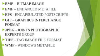 BMP – BITMAP IMAGE
EMF – ENHANCED METAFILE
EPS - ENCAPSULATED POSTSCRIPTS
GIF – GRAPHICS INTERCHANGE
FORMAT
JPEG - JOINTS PHOTOGRAPHIC
EXPERTS GROUP
TIFF - TAG IMAGE FILE FORMAT
WMF - WINDOWS METAFILE
 