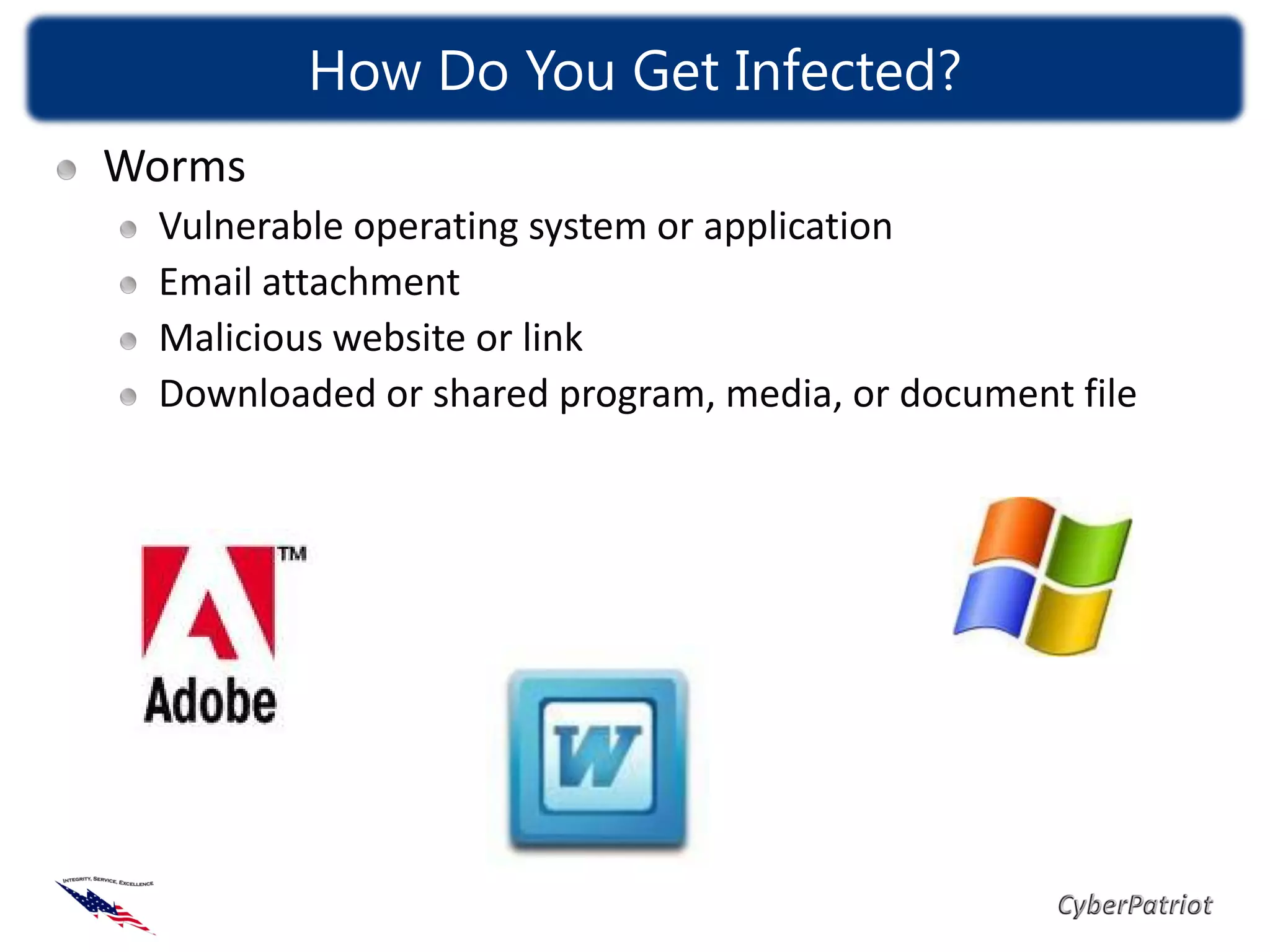 How Do You Get Infected?
Worms
 Vulnerable operating system or application
 Email attachment
 Malicious website or link
 Downloaded or shared program, media, or document file
 