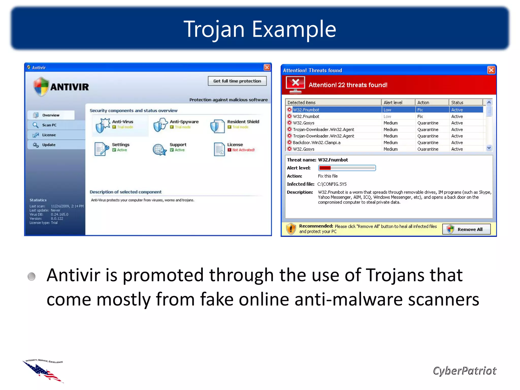 Trojan Example




Antivir is promoted through the use of Trojans that
come mostly from fake online anti-malware scanners
 