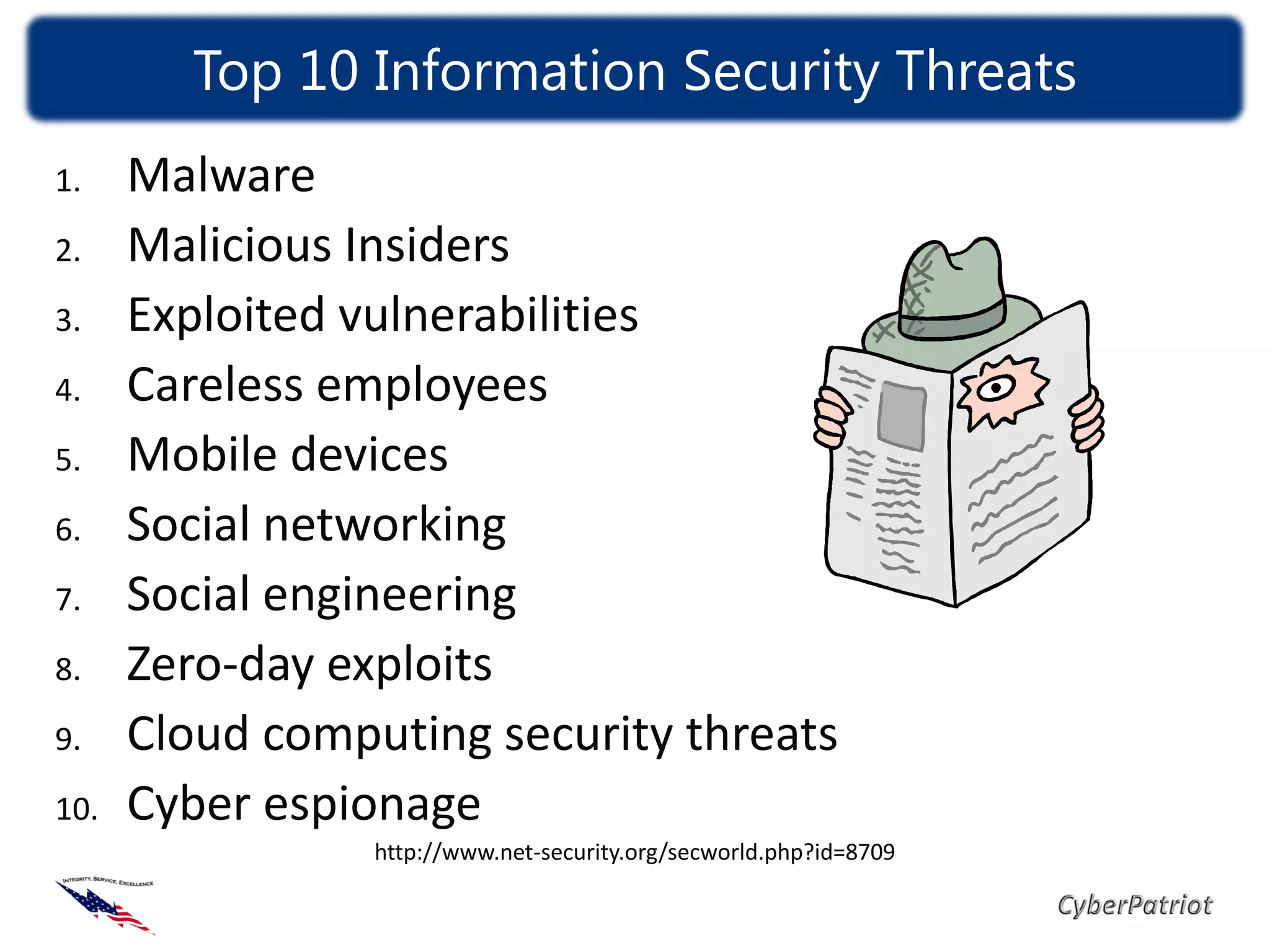 Top 10 Information Security Threats
1.    Malware
2.    Malicious Insiders
3.    Exploited vulnerabilities
4.    Careless employees
5.    Mobile devices
6.    Social networking
7.    Social engineering
8.    Zero-day exploits
9.    Cloud computing security threats
10.   Cyber espionage
                 http://www.net-security.org/secworld.php?id=8709
 