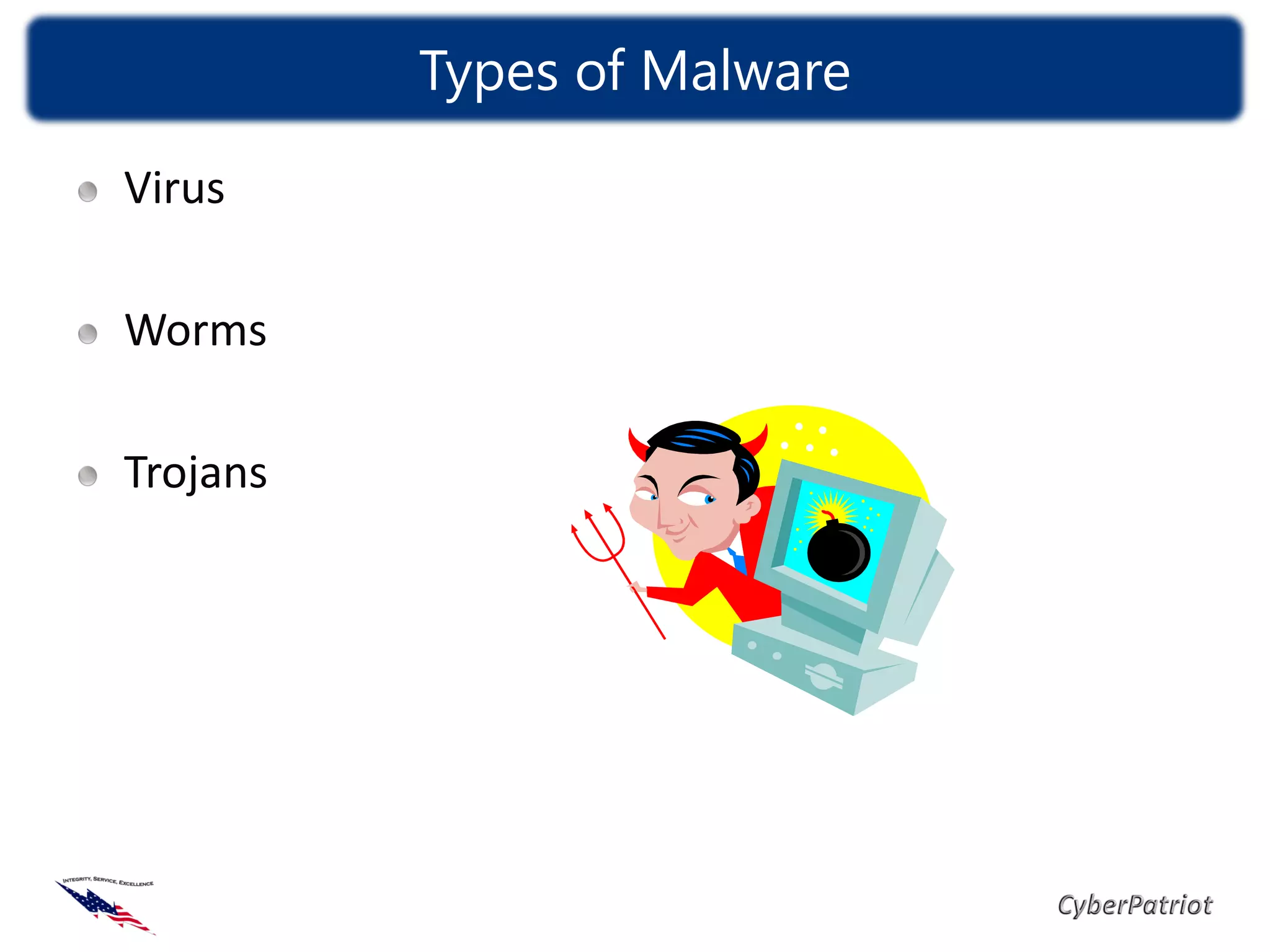 Types of Malware

Virus

Worms

Trojans
 