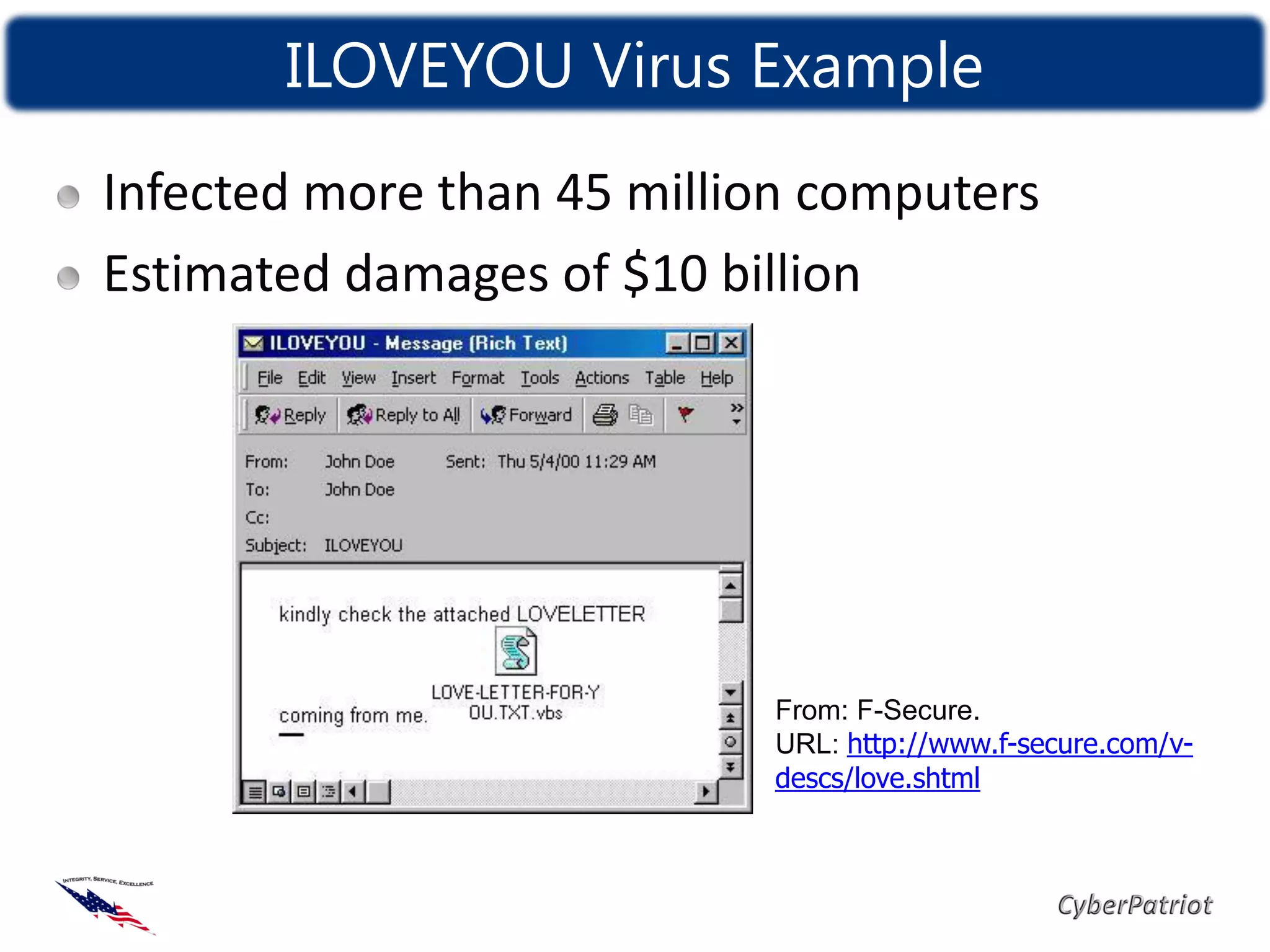 ILOVEYOU Virus Example
Infected more than 45 million computers
Estimated damages of $10 billion




                           From: F-Secure.
                           URL: http://www.f-secure.com/v-
                           descs/love.shtml
 